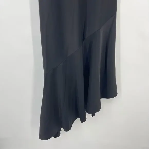 NBDBrigitta Midi Dress in Black Satin Lace Asymmetrical Slip S